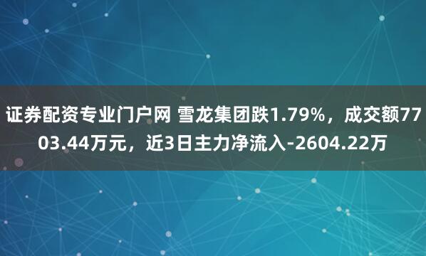 证券配资专业门户网 雪龙集团跌1.79%，成交额7703.44万元，近3日主力净流入-2604.22万